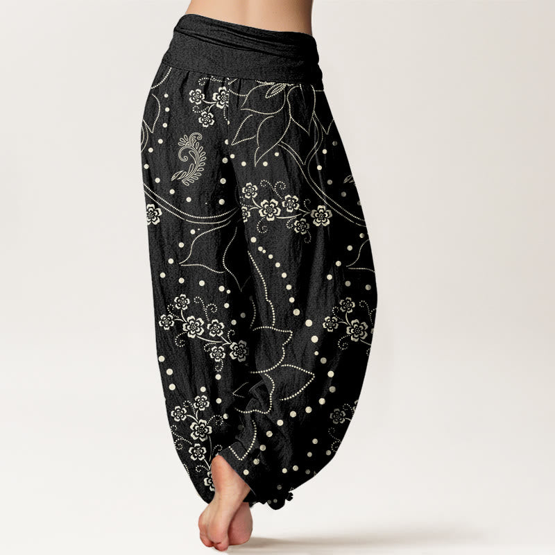 Pantalones harén informales con estampado de hojas y flores grandes de Buddha Stones para mujer, cintura elástica - image 10