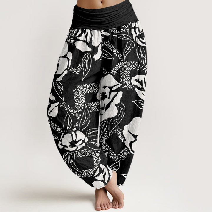 Pantalones harén con cintura elástica para mujer, informales, con estampado floral y hojas de Buddha Stones - Negro - US22，UK/AU26，EU54 (6XL) - image 1