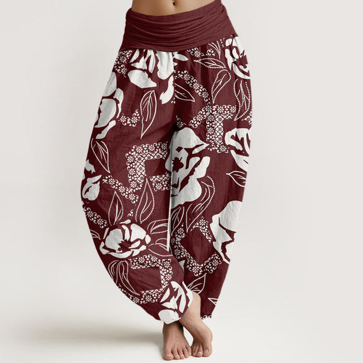 Pantalones harén con cintura elástica para mujer, informales, con estampado floral y hojas de Buddha Stones - Granate - US22，UK/AU26，EU54 (6XL) - image 5