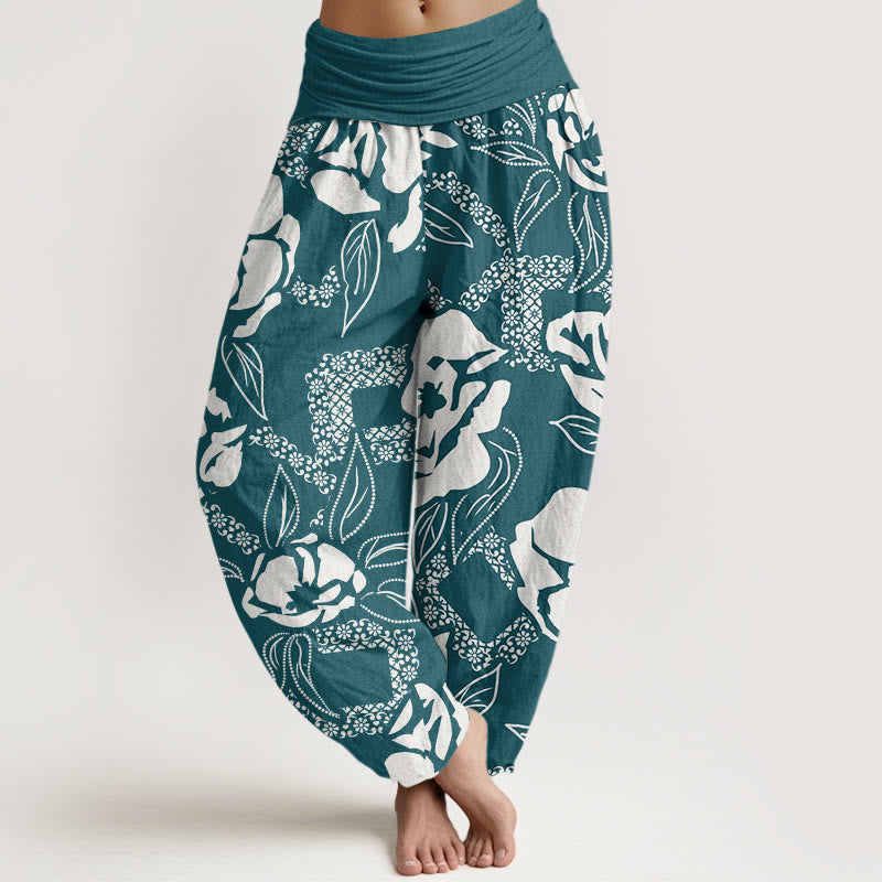 Pantalones harén con cintura elástica para mujer, informales, con estampado floral y hojas de Buddha Stones - Verde azulado - US22，UK/AU26，EU54 (6XL) - image 8