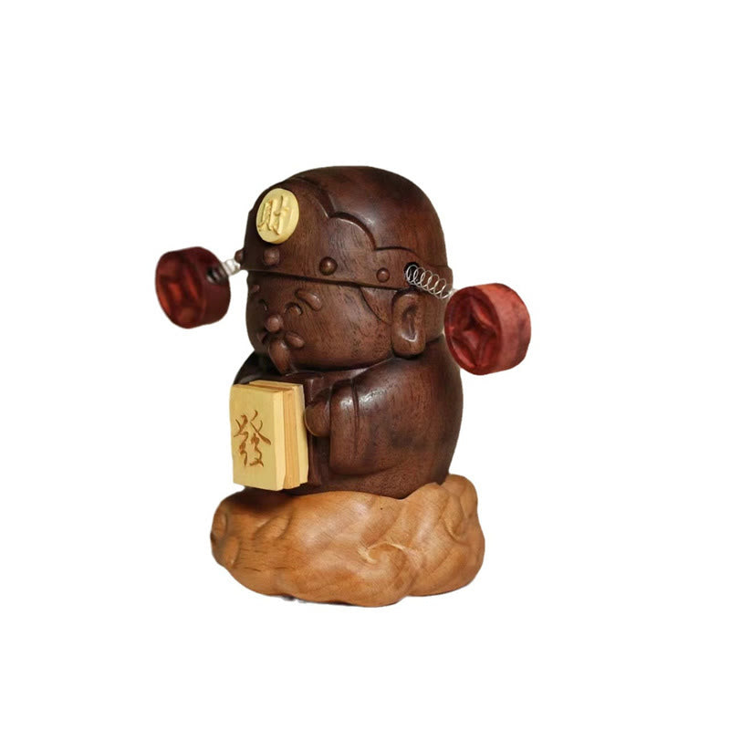 Estatua de Buddha Stones Caishen, Dios de la Riqueza, de nogal negro y haya, con carácter Fu, monedas de cobre, decoración del hogar.