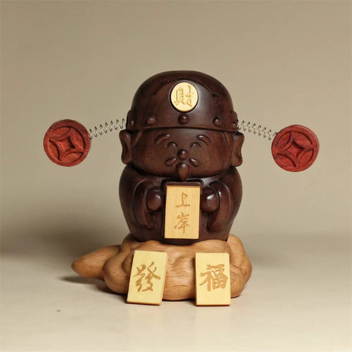 Estatua de Buddha Stones Caishen, Dios de la Riqueza, de nogal negro y haya, con carácter Fu, monedas de cobre, decoración del hogar.