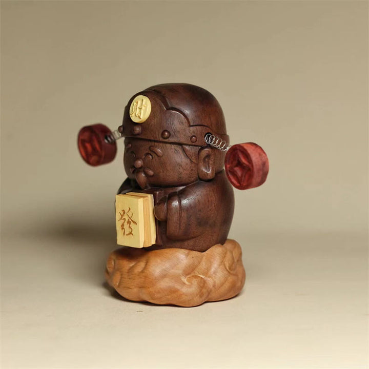 Estatua de Buddha Stones Caishen, Dios de la Riqueza, de nogal negro y haya, con carácter Fu, monedas de cobre, decoración del hogar.