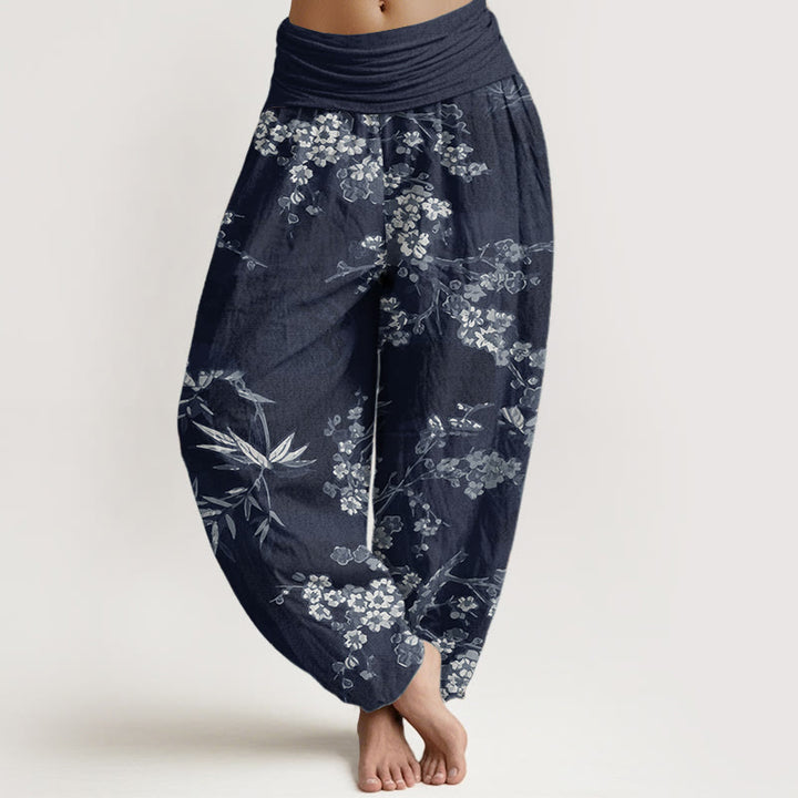 Pantalones Buddha Stones de algodón puro con estampado de flores de sakura blancas y cintura elástica para mujer