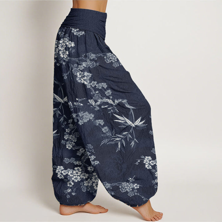 Pantalones Buddha Stones de algodón puro con estampado de flores de sakura blancas y cintura elástica para mujer