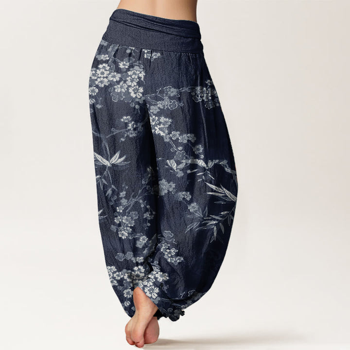 Pantalones Buddha Stones de algodón puro con estampado de flores de sakura blancas y cintura elástica para mujer