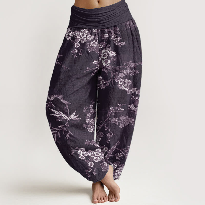 Pantalones Buddha Stones de algodón puro con estampado de flores de sakura blancas y cintura elástica para mujer
