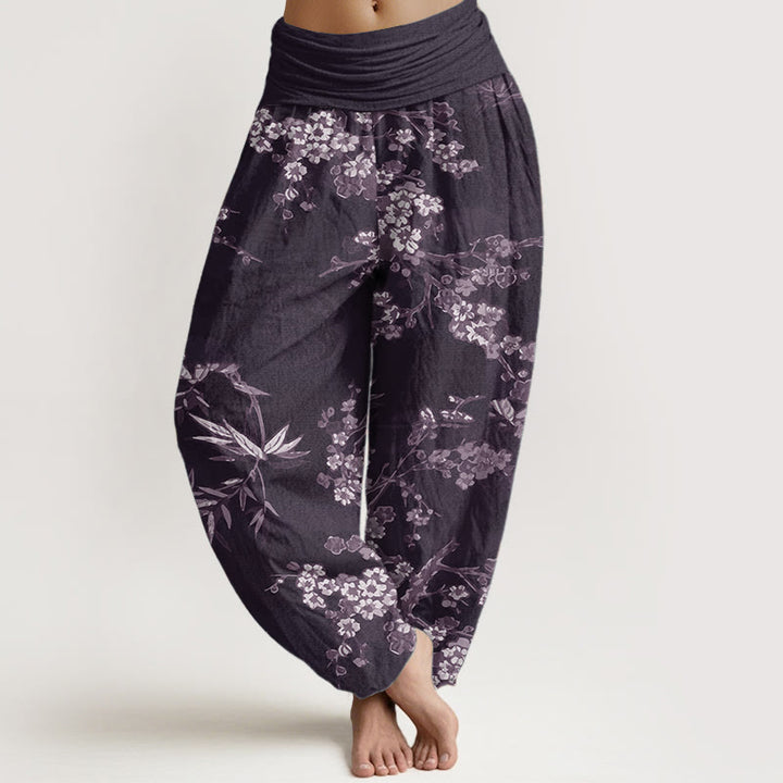 Pantalones Buddha Stones de algodón puro con estampado de flores de sakura blancas y cintura elástica para mujer