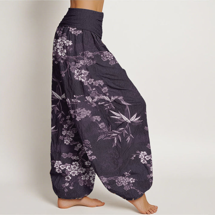 Pantalones Buddha Stones de algodón puro con estampado de flores de sakura blancas y cintura elástica para mujer