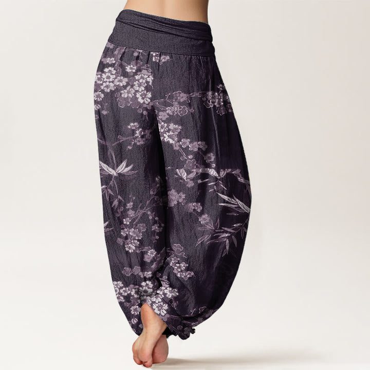 Pantalones Buddha Stones de algodón puro con estampado de flores de sakura blancas y cintura elástica para mujer