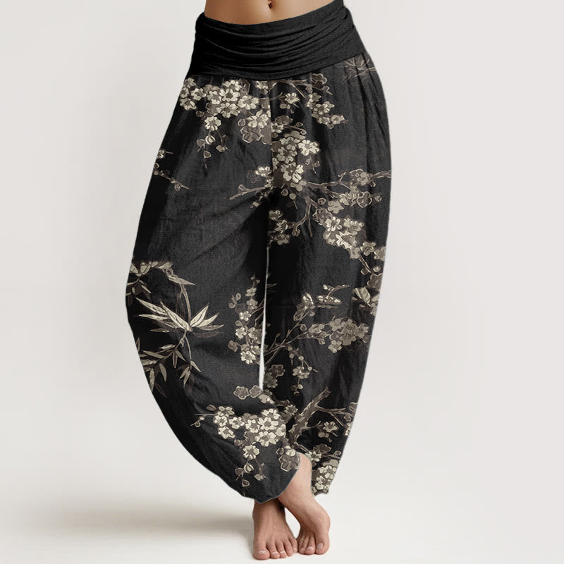 Pantalones Buddha Stones de algodón puro con estampado de flores de sakura blancas y cintura elástica para mujer