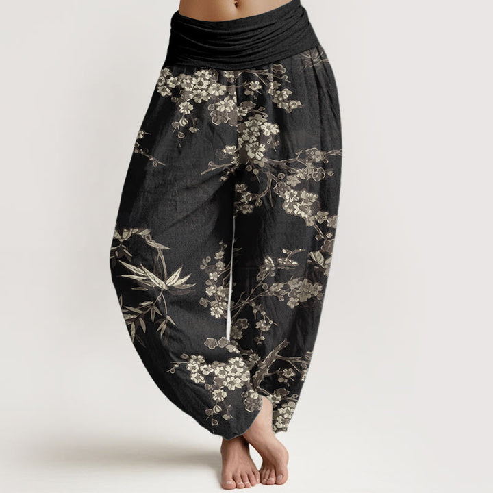 Pantalones Buddha Stones de algodón puro con estampado de flores de sakura blancas y cintura elástica para mujer