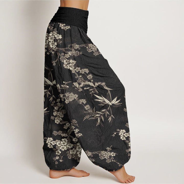 Pantalones Buddha Stones de algodón puro con estampado de flores de sakura blancas y cintura elástica para mujer