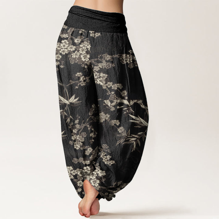 Pantalones Buddha Stones de algodón puro con estampado de flores de sakura blancas y cintura elástica para mujer