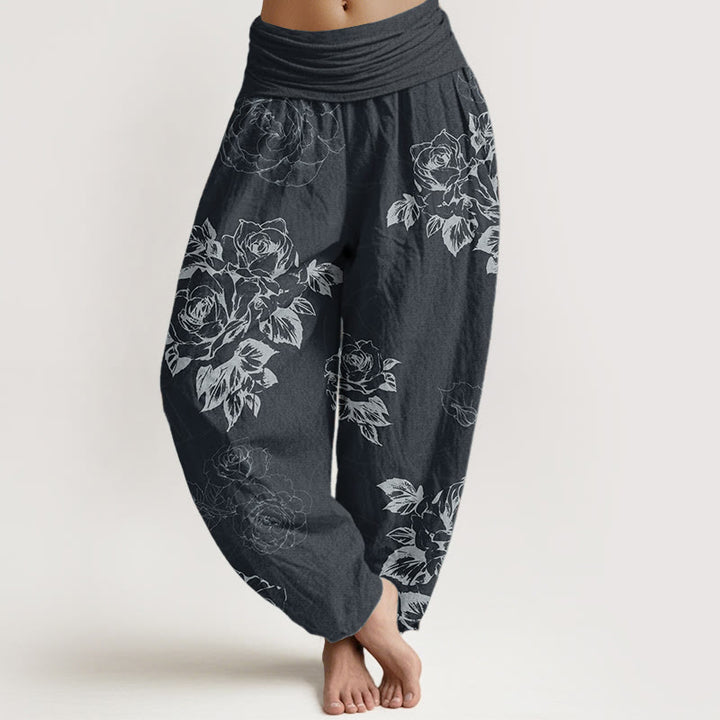 Pantalones Buddha Stones de algodón puro con estampado de peonías rosas para mujer, cintura elástica