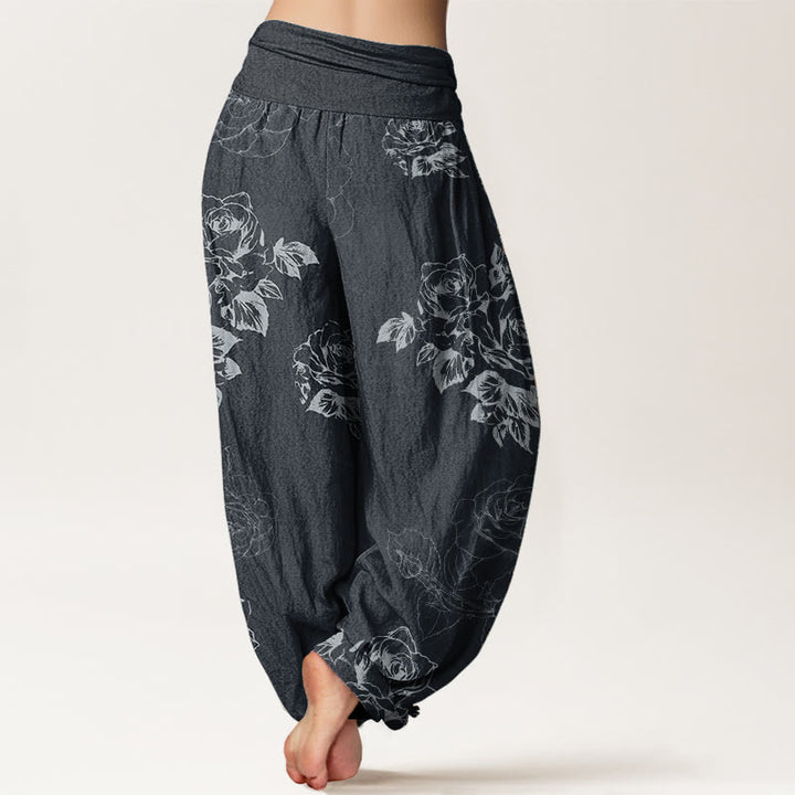 Pantalones Buddha Stones de algodón puro con estampado de peonías rosas para mujer, cintura elástica