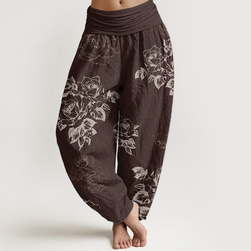 Pantalones Buddha Stones de algodón puro con estampado de peonías rosas para mujer, cintura elástica