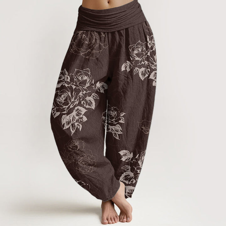 Pantalones Buddha Stones de algodón puro con estampado de peonías rosas para mujer, cintura elástica