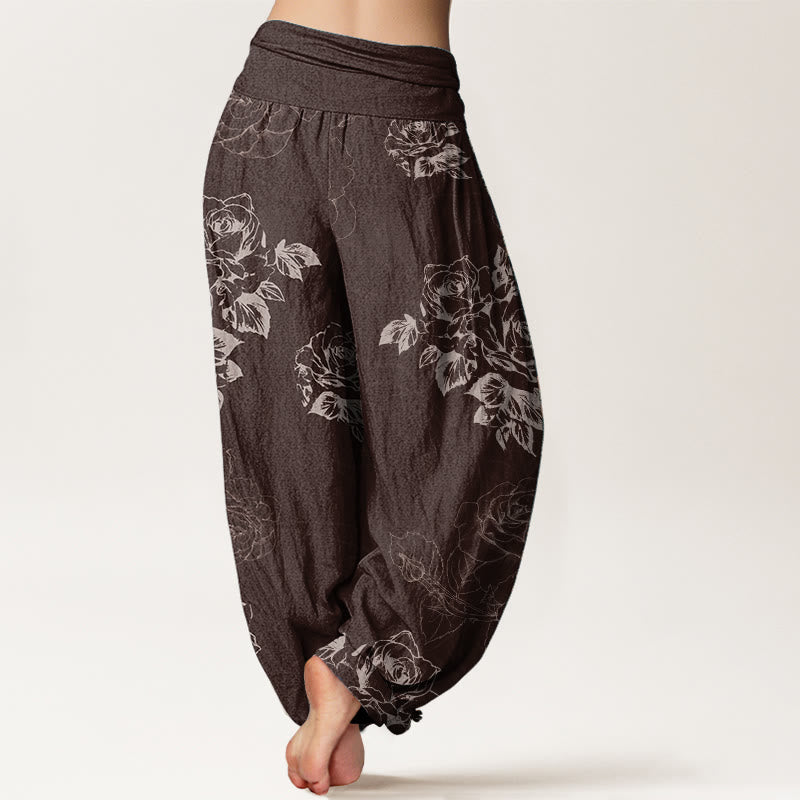 Pantalones Buddha Stones de algodón puro con estampado de peonías rosas para mujer, cintura elástica