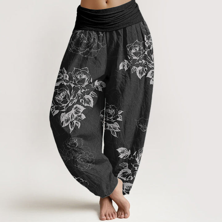 Pantalones Buddha Stones de algodón puro con estampado de peonías rosas para mujer, cintura elástica