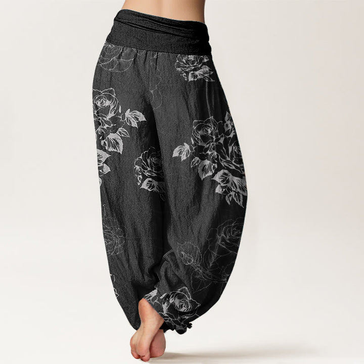 Pantalones Buddha Stones de algodón puro con estampado de peonías rosas para mujer, cintura elástica