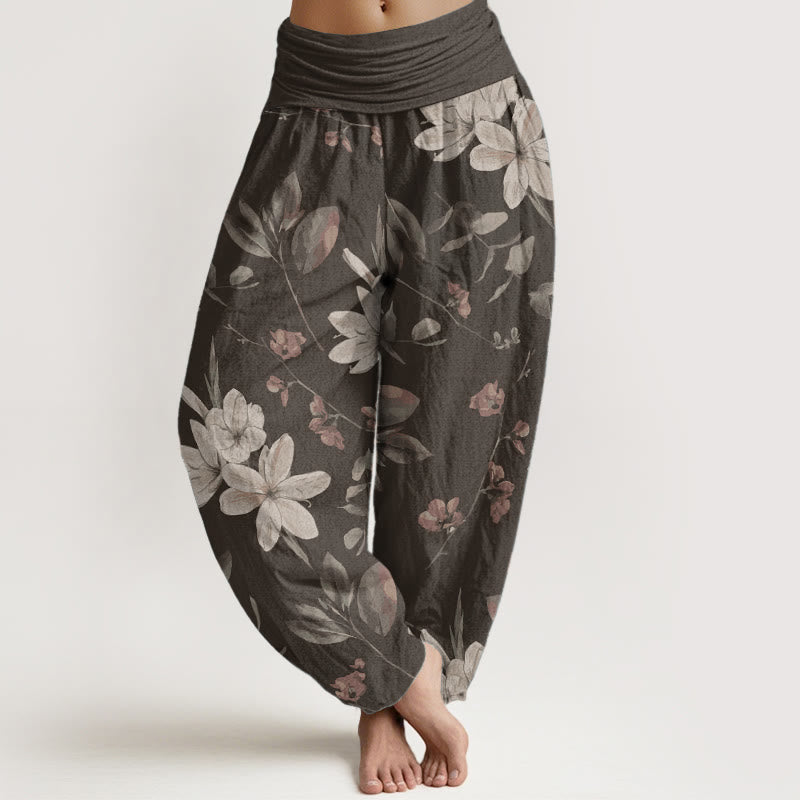 Pantalones harén de algodón puro con estampado floral y hojas de Buddha Stones para mujer, cintura elástica