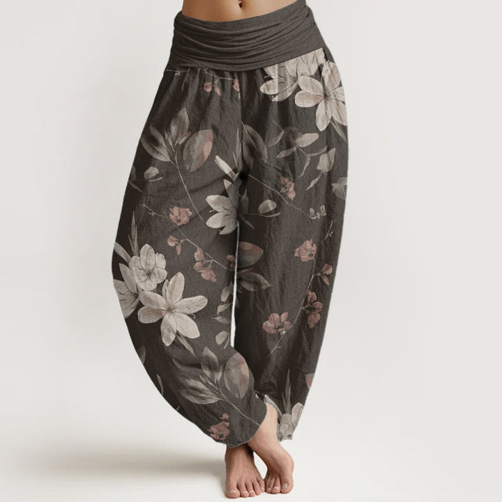 Pantalones harén de algodón puro con estampado floral y hojas de Buddha Stones para mujer, cintura elástica
