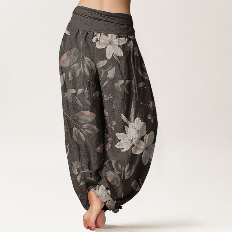 Pantalones harén de algodón puro con estampado floral y hojas de Buddha Stones para mujer, cintura elástica