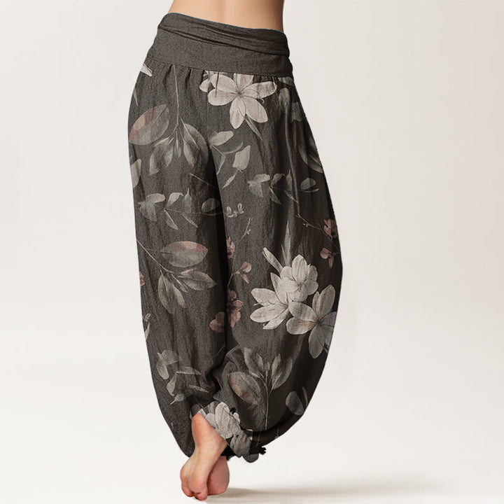 Pantalones harén de algodón puro con estampado floral y hojas de Buddha Stones para mujer, cintura elástica