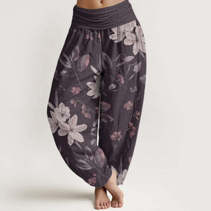 Pantalones harén de algodón puro con estampado floral y hojas de Buddha Stones para mujer, cintura elástica