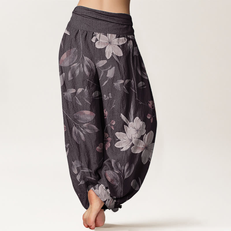 Pantalones harén de algodón puro con estampado floral y hojas de Buddha Stones para mujer, cintura elástica