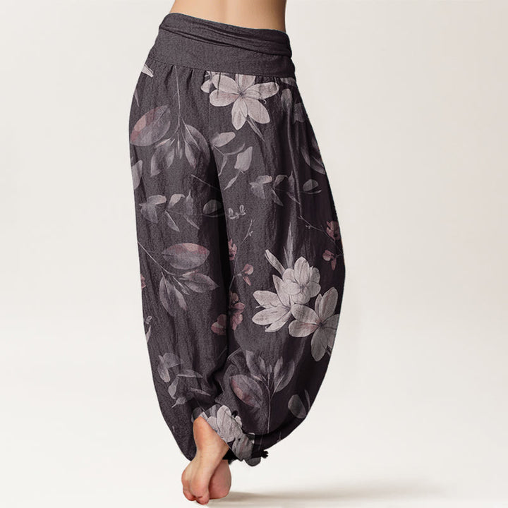 Pantalones harén de algodón puro con estampado floral y hojas de Buddha Stones para mujer, cintura elástica