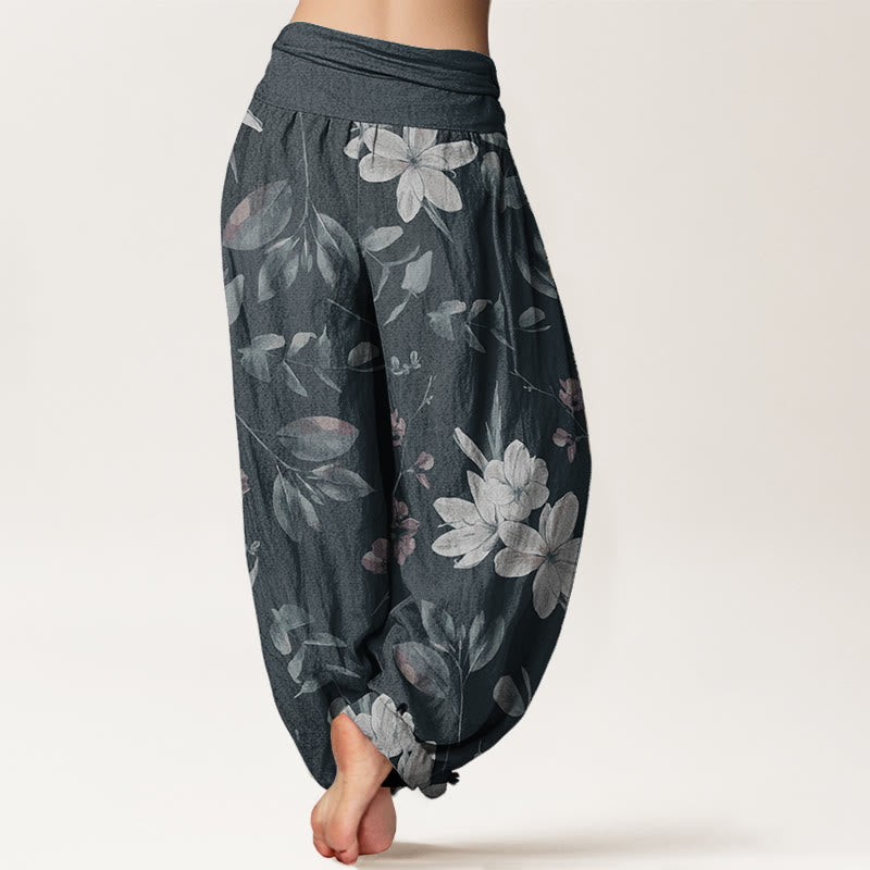 Pantalones harén de algodón puro con estampado floral y hojas de Buddha Stones para mujer, cintura elástica