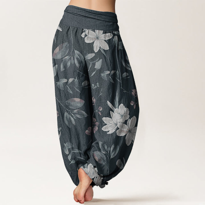 Pantalones harén de algodón puro con estampado floral y hojas de Buddha Stones para mujer, cintura elástica