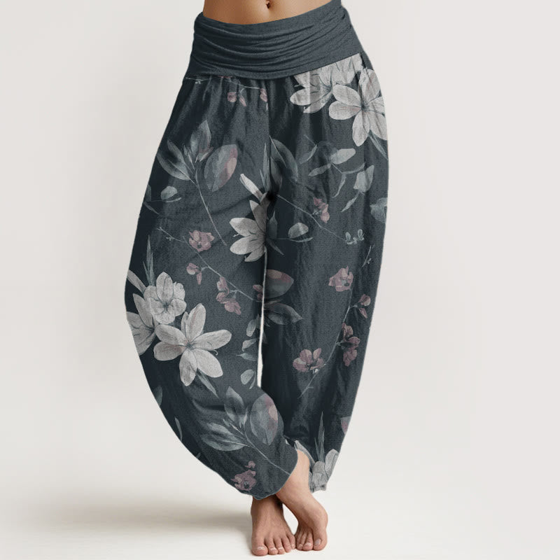Pantalones harén de algodón puro con estampado floral y hojas de Buddha Stones para mujer, cintura elástica