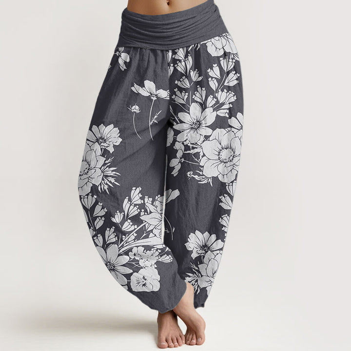 Pantalones Buddha Stones de algodón puro con diseño de hojas de peonía y cintura elástica para mujer