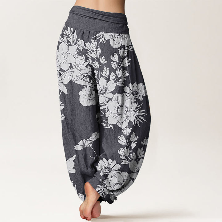 Pantalones Buddha Stones de algodón puro con diseño de hojas de peonía y cintura elástica para mujer