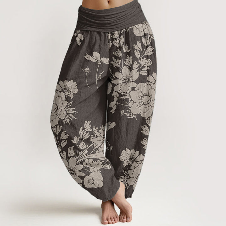 Pantalones Buddha Stones de algodón puro con diseño de hojas de peonía y cintura elástica para mujer