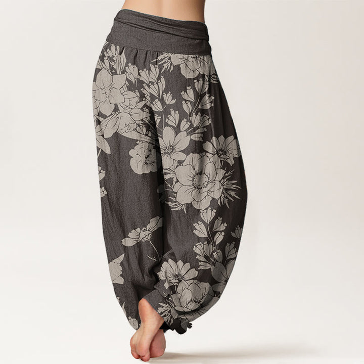 Pantalones Buddha Stones de algodón puro con diseño de hojas de peonía y cintura elástica para mujer