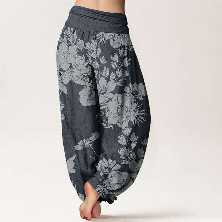 Pantalones Buddha Stones de algodón puro con diseño de hojas de peonía y cintura elástica para mujer