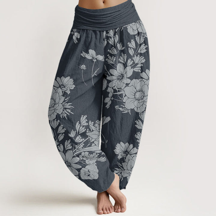 Pantalones Buddha Stones de algodón puro con diseño de hojas de peonía y cintura elástica para mujer