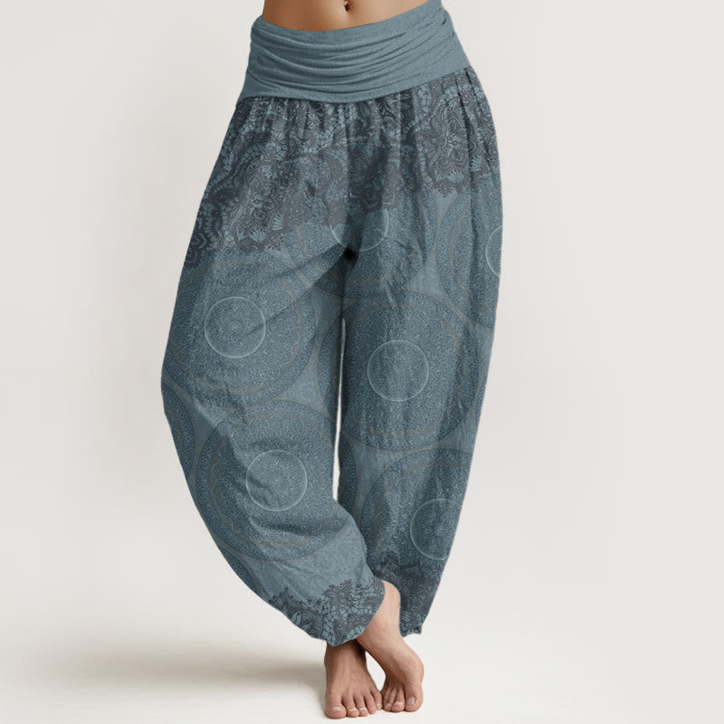 Buddha Stones harén de algodón puro con diseño de brújula y flores para mujer, estilo casual, con cintura elástica