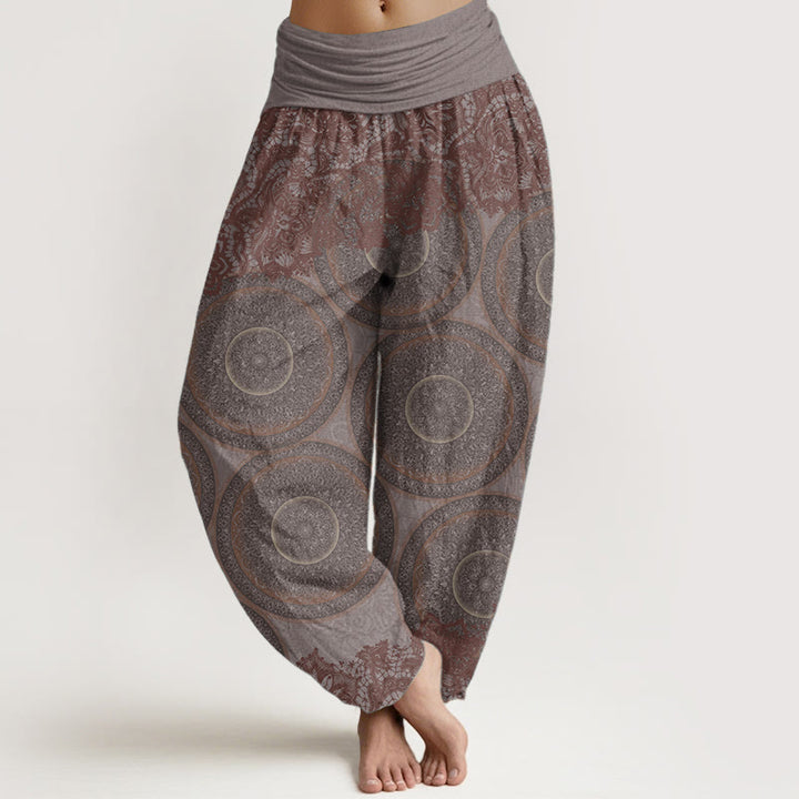Buddha Stones harén de algodón puro con diseño de brújula y flores para mujer, estilo casual, con cintura elástica