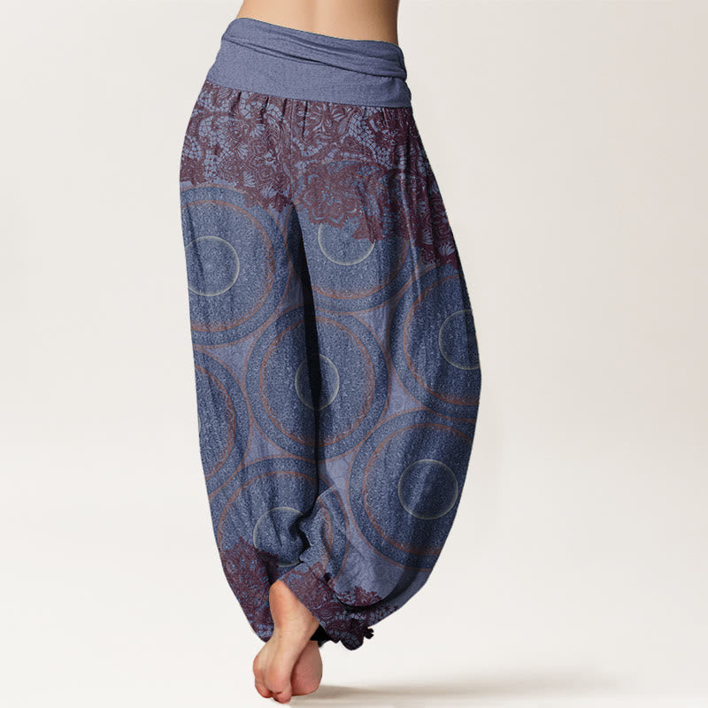 Buddha Stones harén de algodón puro con diseño de brújula y flores para mujer, estilo casual, con cintura elástica
