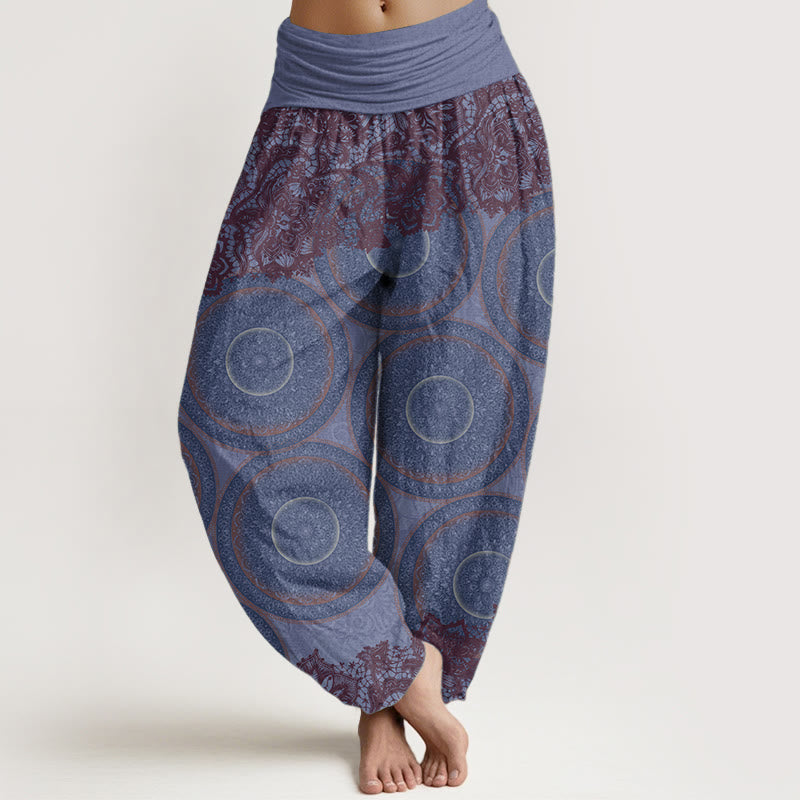 Buddha Stones harén de algodón puro con diseño de brújula y flores para mujer, estilo casual, con cintura elástica