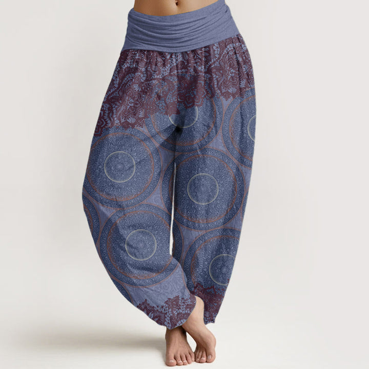 Buddha Stones harén de algodón puro con diseño de brújula y flores para mujer, estilo casual, con cintura elástica