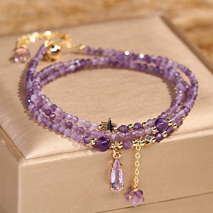 Pulsera de meditación de triple vuelta con amatista natural, gota de agua y estrella de Buddha Stones