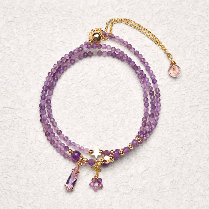Pulsera de meditación de triple vuelta con amatista natural, gota de agua y estrella de Buddha Stones