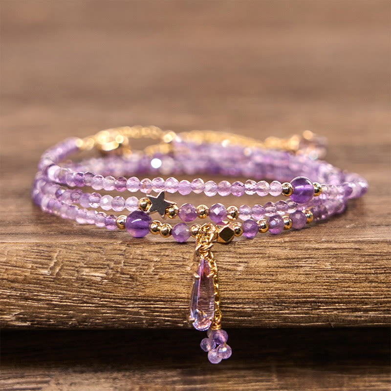 Pulsera de meditación de triple vuelta con amatista natural, gota de agua y estrella de Buddha Stones