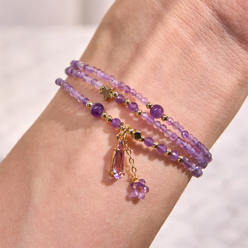 Pulsera de meditación de triple vuelta con amatista natural, gota de agua y estrella de Buddha Stones